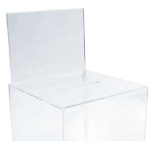 Urne plexiglas transparent avec porte-visuel A4 intégré affichage règlement jeu concours Suisse