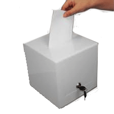 Urne opaque carton blanc format cube 20x20cm fente supérieure collecte dons confidentiels manifestations associations Suisse