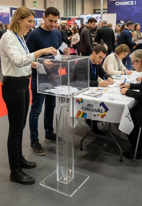urne plexiglas transparente sur pied aluminium pour jeu concours commerce suisse
