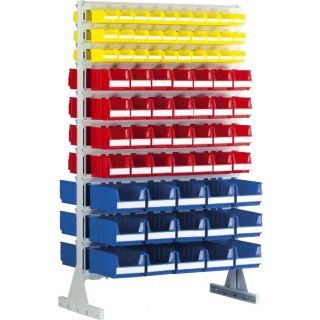 Rayonnage avec 60 bacs à bec 1 litre, 56 bacs à bec 3 litres et 30 bacs à bec 7 Litres Systembox sur 2 faces